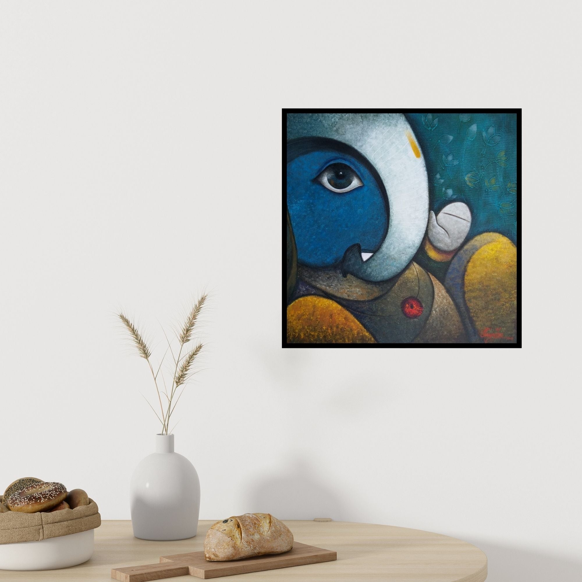 In-situ view of Ram Onkar's 'Gajanana (Blue Contemplation)' painting in a room