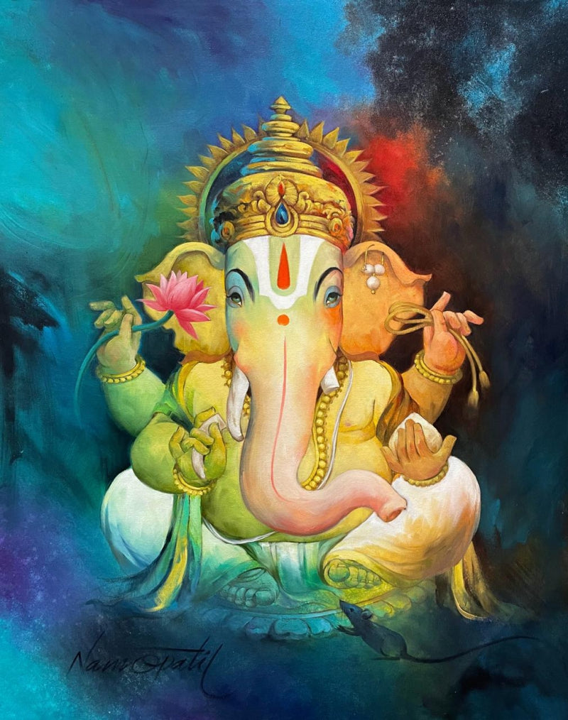 Gajanana' religious oil painting by artist Namdev M Patil, 42x34 inch, on canvas