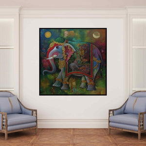 In-situ view of N P Rajeshwarr's 'Gajendra Moksha (Gajendra Moksha Divine Rescue)' painting in a room