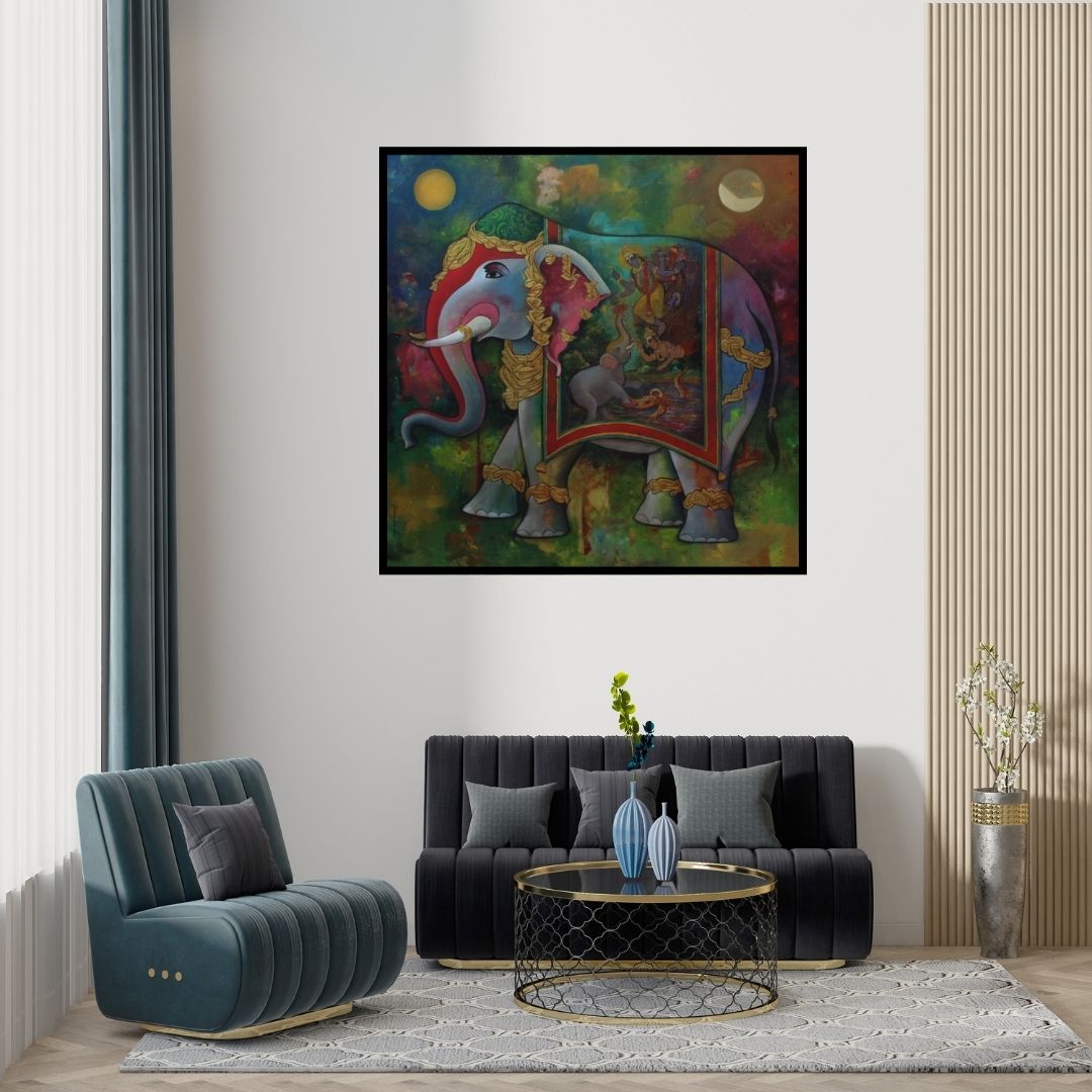 Preview of 'Gajendra Moksha (Gajendra Moksha Divine Rescue)' Painting by N P Rajeshwarr shown on a wall in a furnished room.