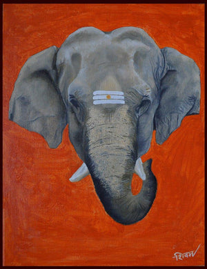 Gajmukh (Majestic Ganesha) by Shivam Bharti, Original Oil Religious Painting on Canvas Board, Small Vertical Wall Art