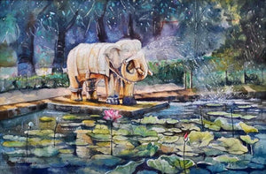 Gajraj (Tranquil Oasis) by Jitendra Divte, Original Watercolor Religious Painting on Paper, Small Horizontal Wall Art