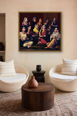 Galaxy Of Musicians (A Symphony of Talent) by artist Raja Ravi Varma displayed in a Modern gallery