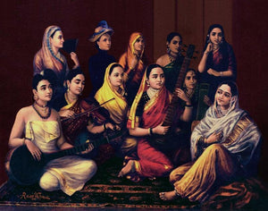 Galaxy Of Musicians (A Symphony of Talent) by Raja Ravi Varma, Print Oil Figurative Painting on Canvas, X-Small Horizontal Wall Art
