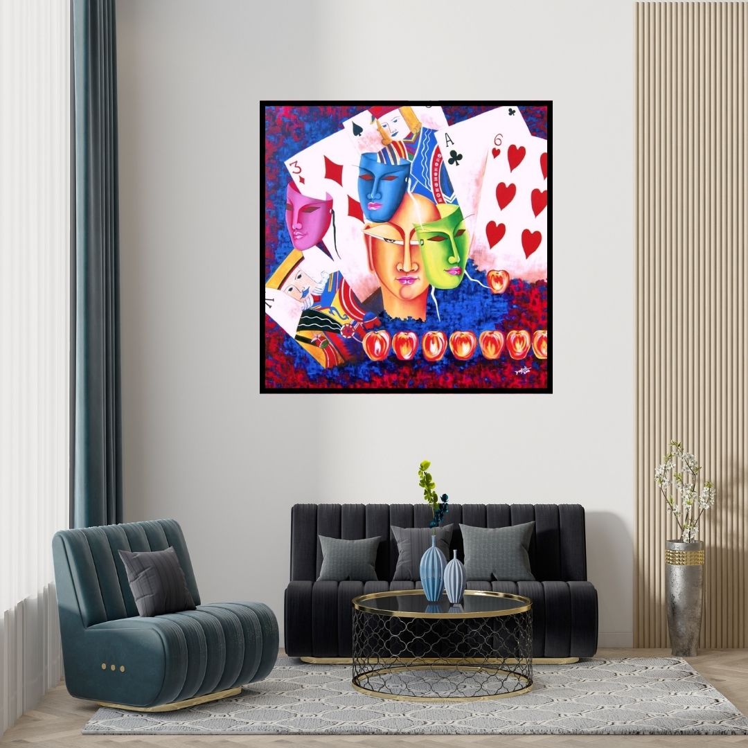 Preview of 'Gamble Of Life (Chance Encounter)' Painting by Deepali Mundra shown on a wall in a furnished room.