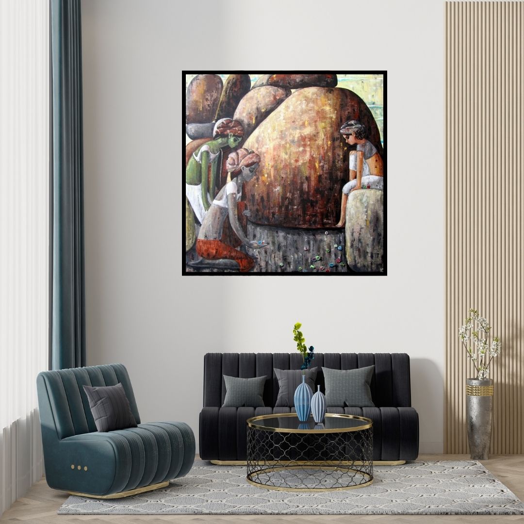 Preview of 'A Game For Three' Painting by Suruchi Jamkar shown on a wall in a furnished room.