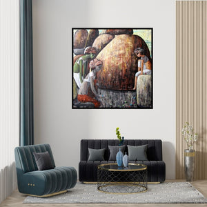 Preview of 'A Game For Three' Painting by Suruchi Jamkar shown on a wall in a furnished room.