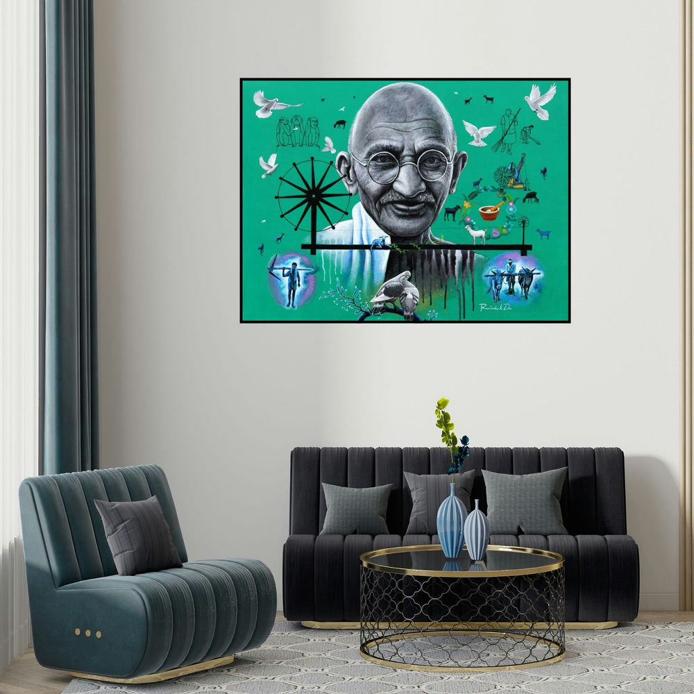 Rawindra Das's 'Gandhi (Legacy of Peace)' painting visualized above a sofa in a contemporary room.