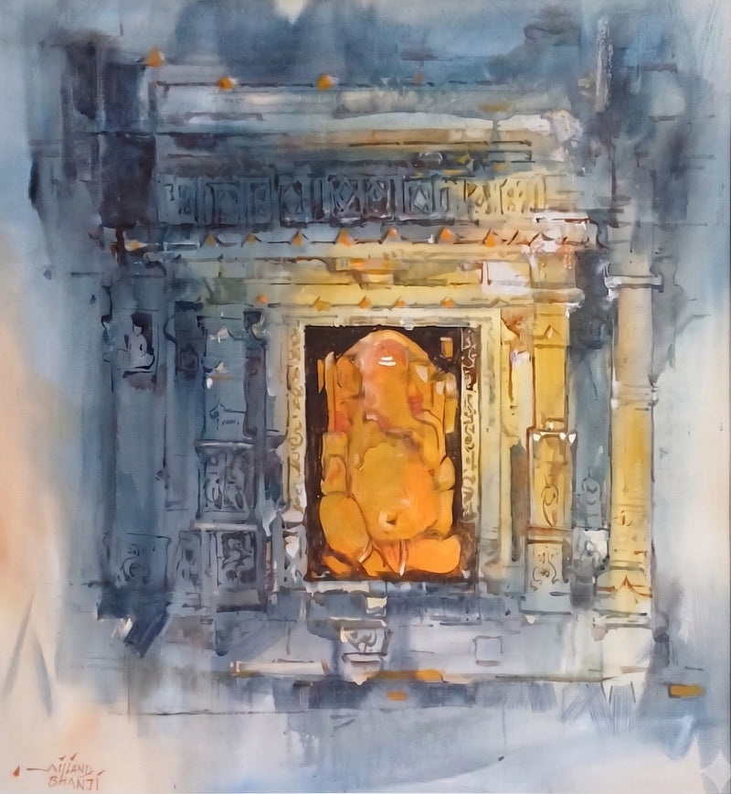 Ganesh' religious acrylic painting by artist Milind Bhanji, 30x30 inch, on canvas