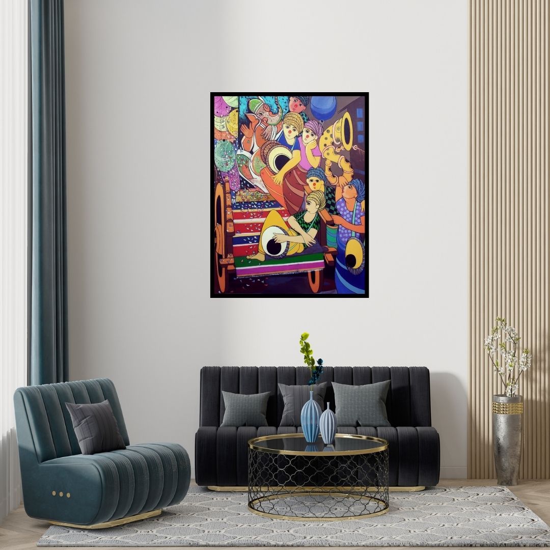 Preview of 'Ganesh Festival' Painting by Dnyaneshwar Bembade shown on a wall in a furnished room.