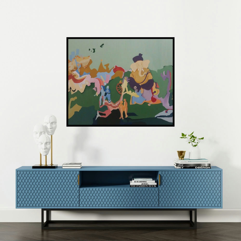 Kamlesh Patidar's 'Ganesh Ji (Urban Ganesha)' painting visualized above a sofa in a contemporary room.