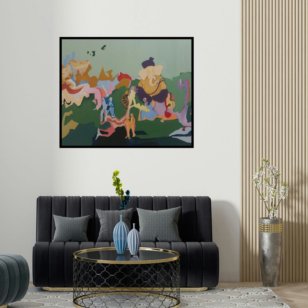 'Ganesh Ji (Urban Ganesha)' painting by Kamlesh Patidar shown on a wall in a furnished room.