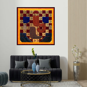 Sandesh Khule's 'Ganesha 1 (The Sacred Om A Cosmic Mandala)' painting visualized above a sofa in a contemporary room.