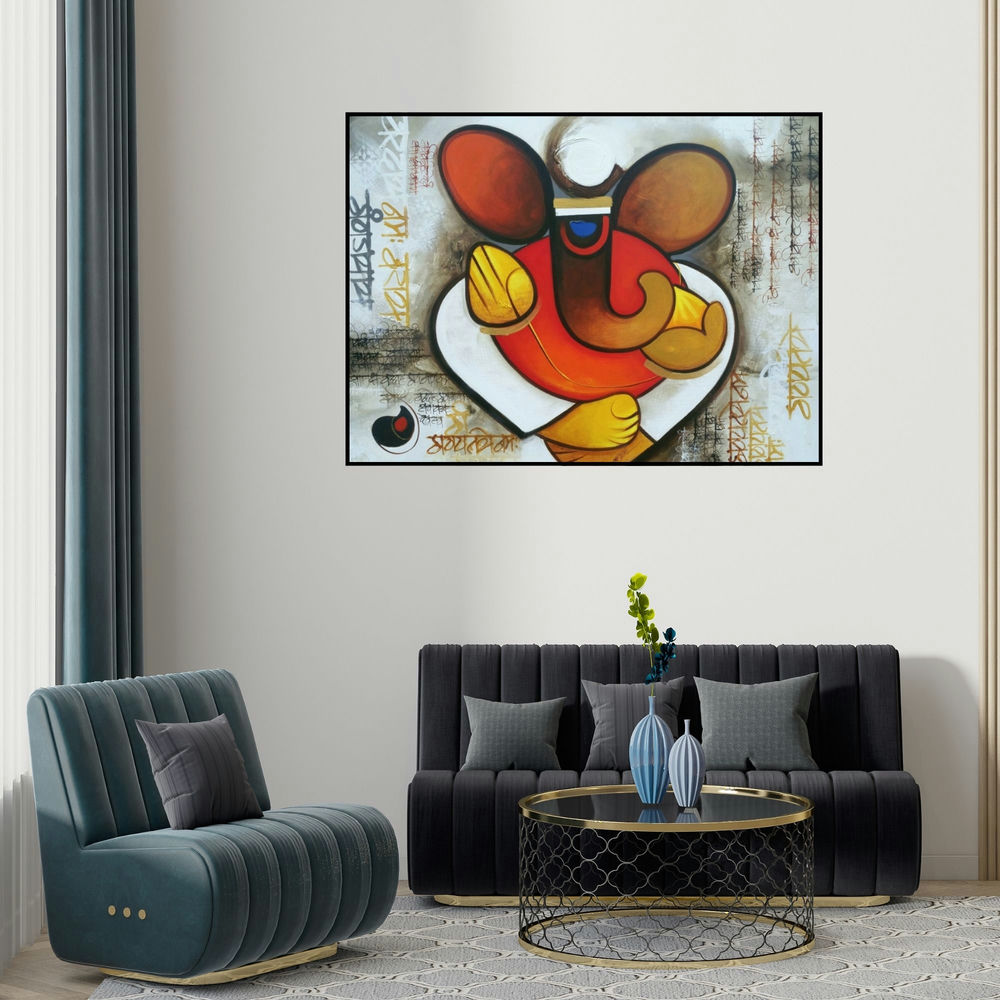 Om Swami's 'Ganesha 1 (Embraced by Divinity)' painting visualized above a sofa in a contemporary room.