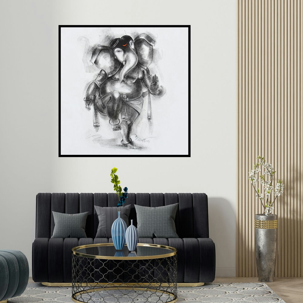 Sanjay Bhalerao's 'Ganesha 1 (Ganesha in Motion)' painting visualized above a sofa in a contemporary room.