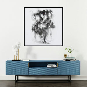 'Ganesha 1 (Ganesha in Motion)' painting by Sanjay Bhalerao shown on a wall in a furnished room.