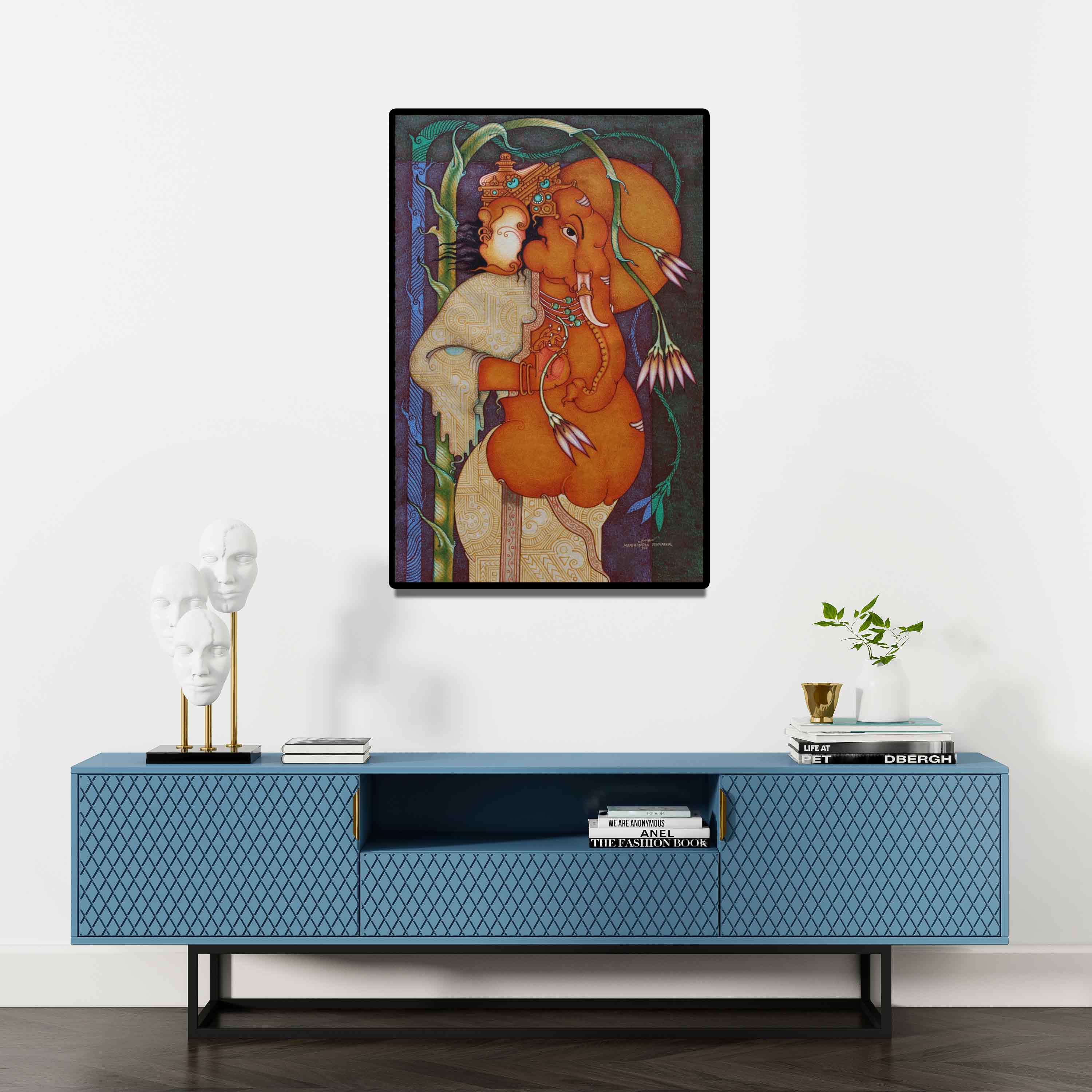 Preview of 'Ganesha 1 (The Auspicious One)' Painting by Manikandan Punnakkal shown on a wall in a furnished room.