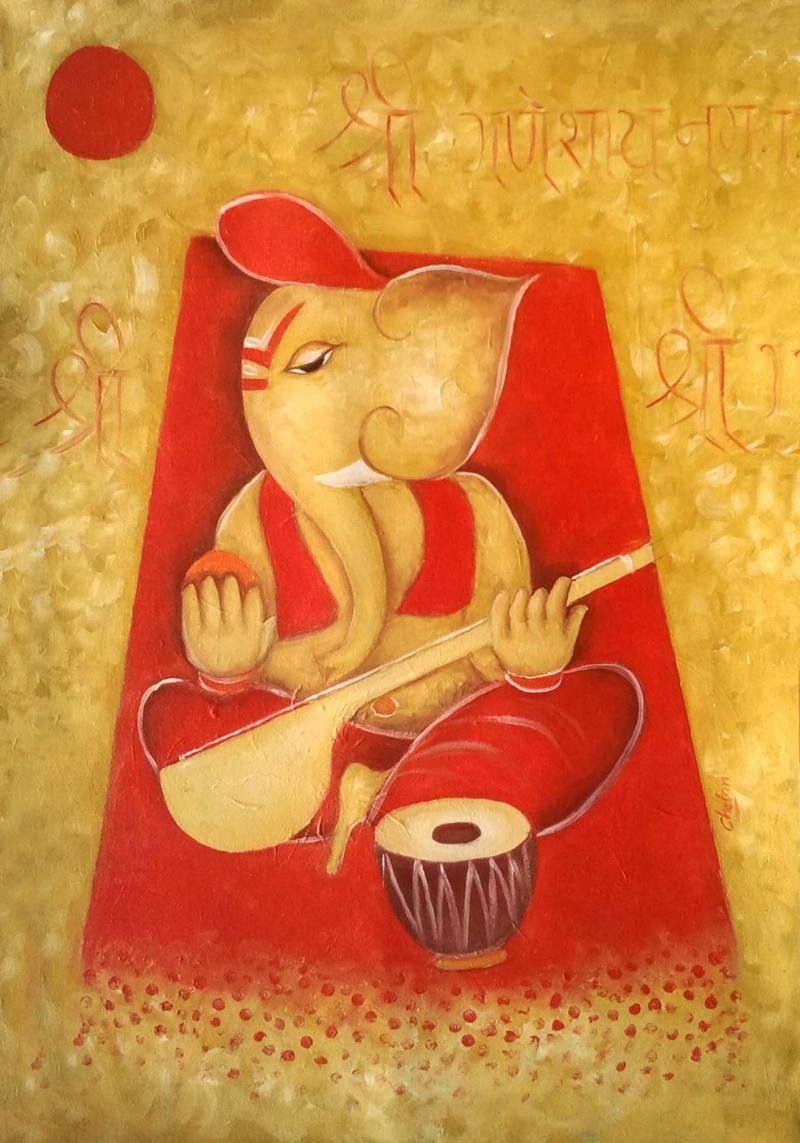 Religious oil painting titled 'Ganesha 1', 25x18 inches, by artist Chetan Katigar on Canvas