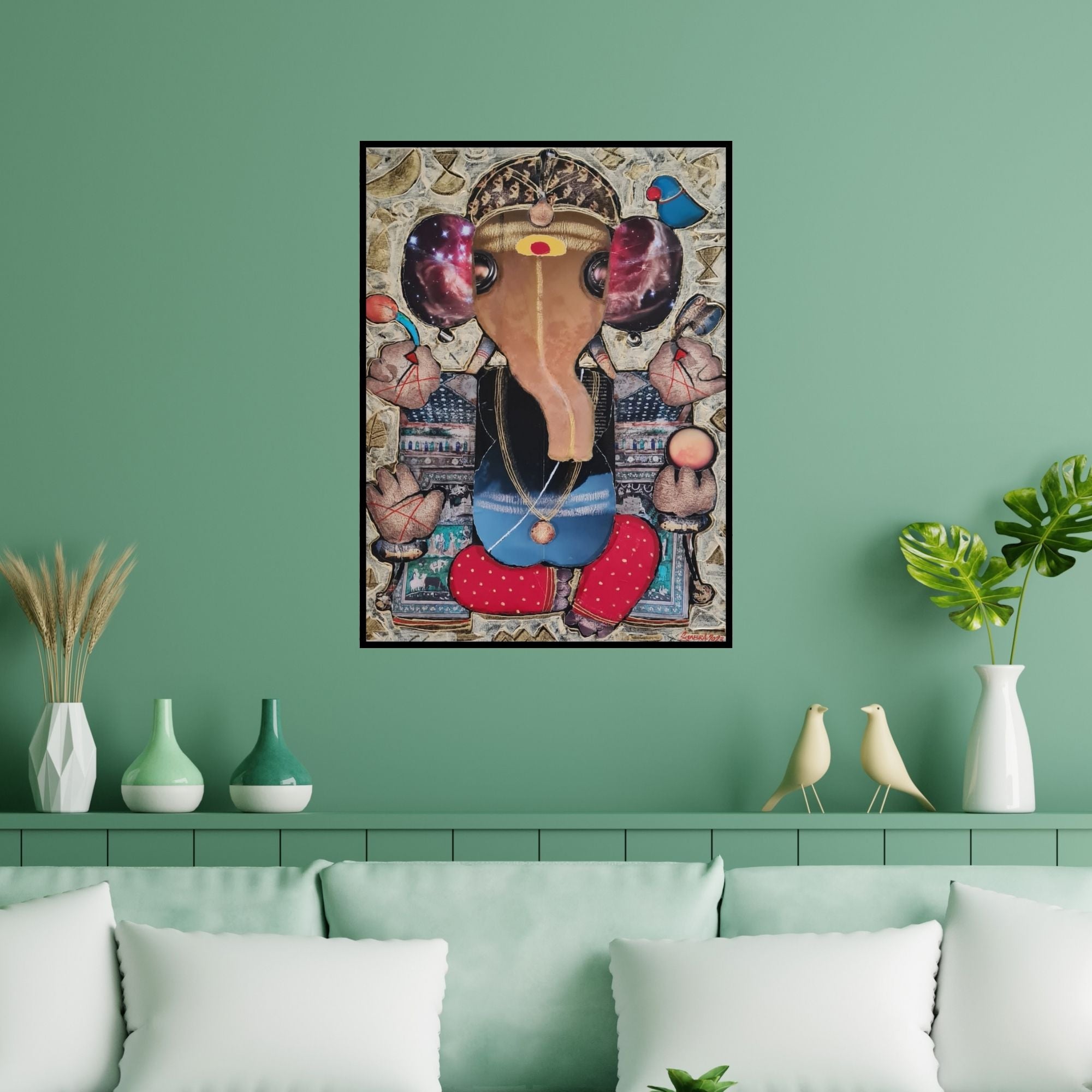 Preview of 'Ganesha (Ganesha's Cosmic Vision)' Painting by G Subramanian shown on a wall in a furnished room.