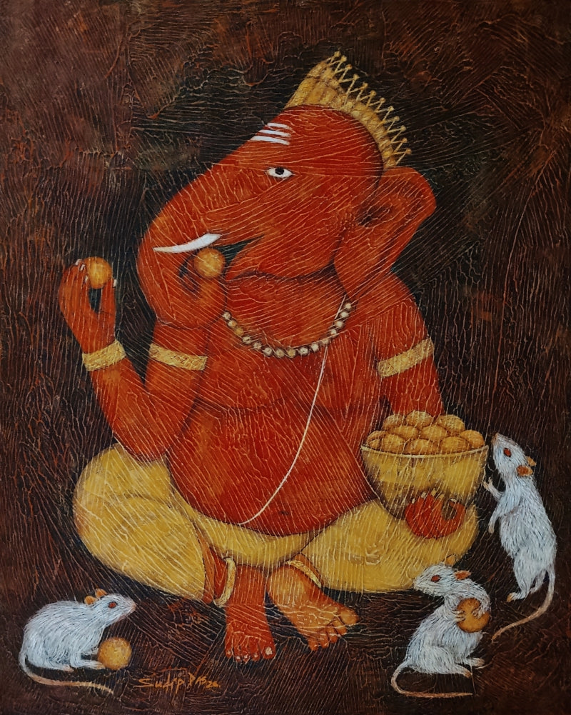 Ganesha' religious tempera painting by artist Sudip Das, 30x24 inch, on canvas board