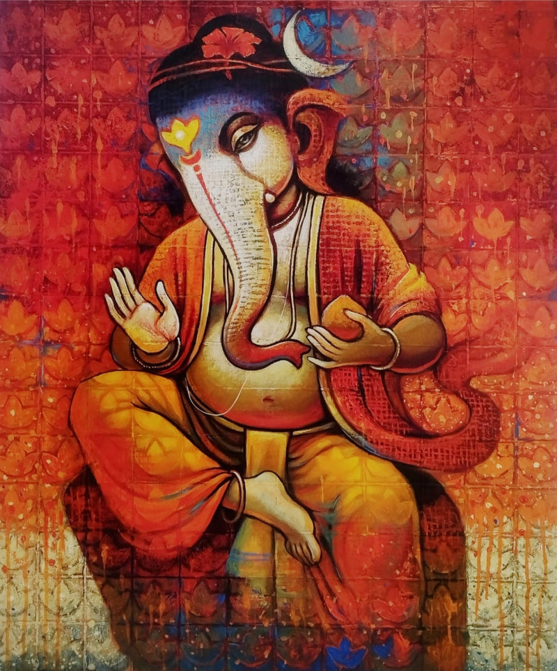 'Ganesha' religious acrylic painting by artist Sanjay Lokhande, 36x30 inch, on canvas