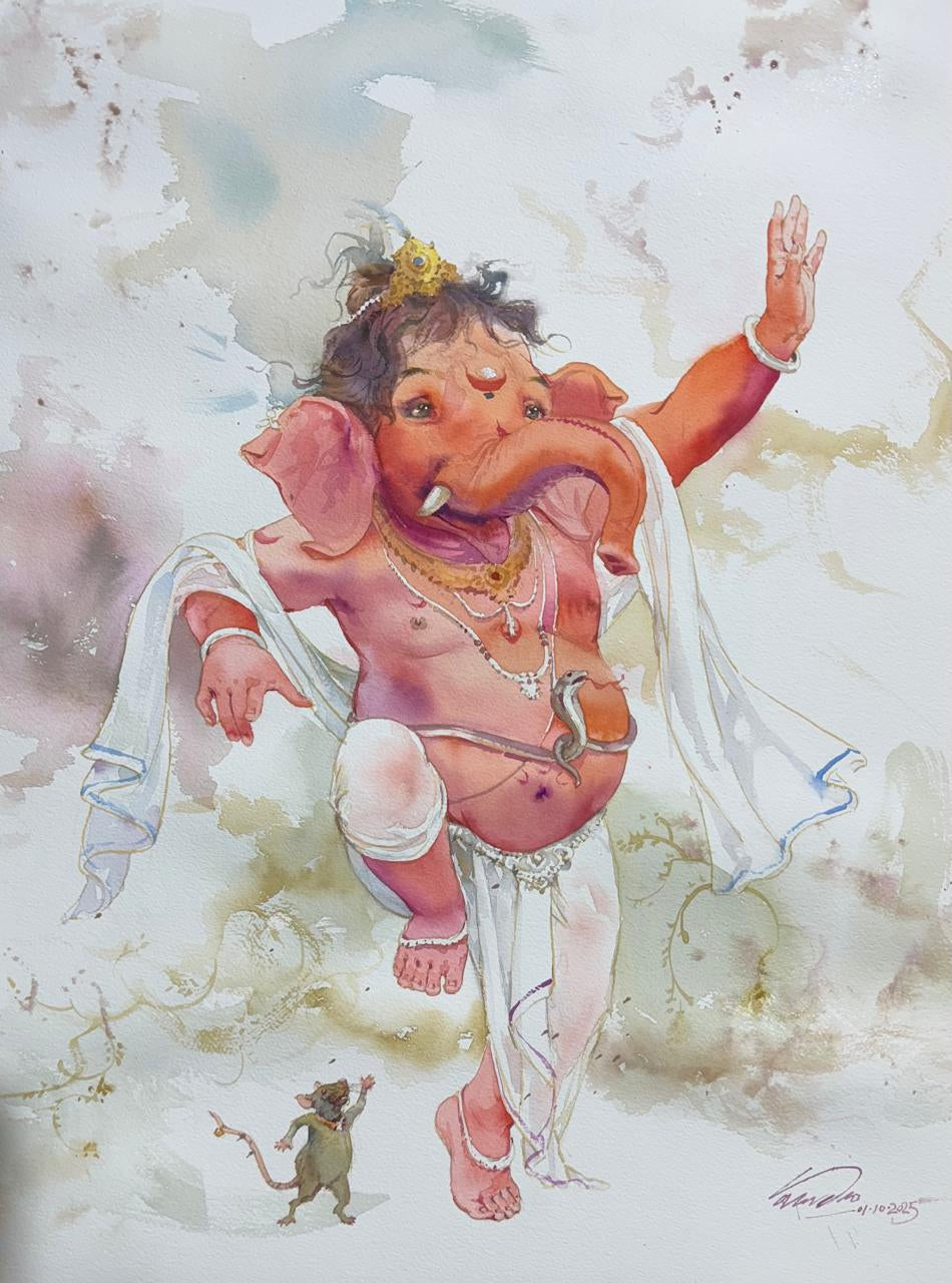 'Ganesha' religious watercolor painting by artist Vasudeo Kamath, 28x21 inch, on paper