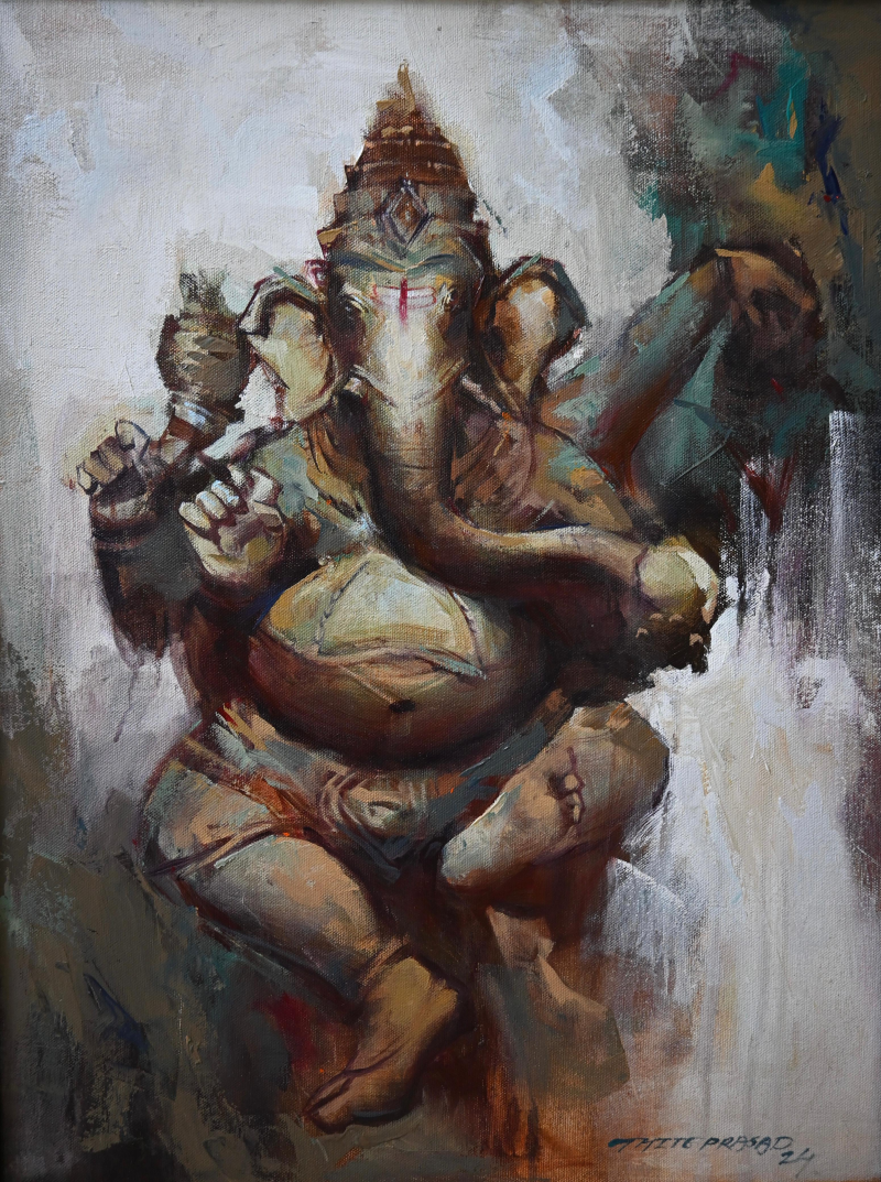 Ganesha' religious oil painting by artist Prasad Thite, 24x18 inch, on canvas