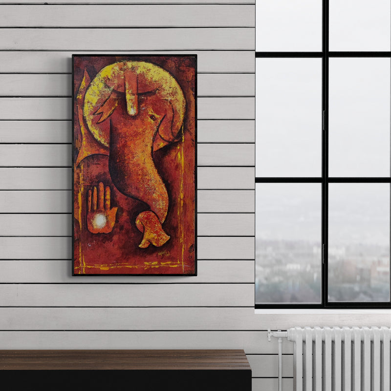 Preview of 'Ganesha 2 (Might)' Painting by Vijaya Ved shown on a wall in a furnished room.