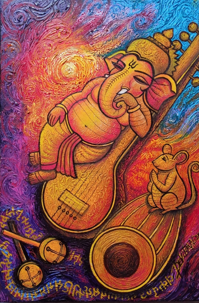 Ganesha 2' religious mixed-media painting by artist Devirani Dasgupta, 18x12 inch, on canvas