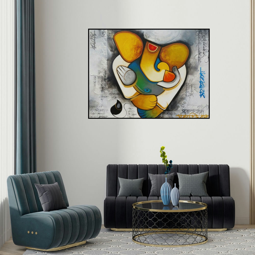 Om Swami's 'Ganesha 2 (Blessings of Ganesha)' painting visualized above a sofa in a contemporary room.
