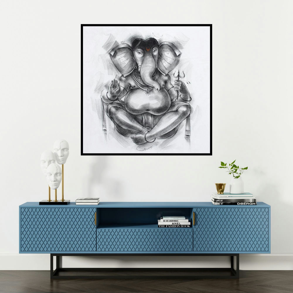 'Ganesha 2 (Ganesha with Trident)' painting by Sanjay Bhalerao shown on a wall in a furnished room.