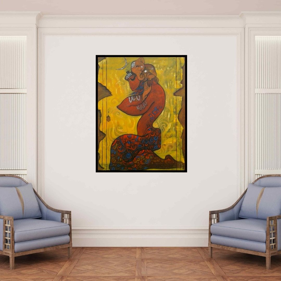In-situ view of Ramesh Gujar's 'Ganesha (Divine Embrace)' painting in a room