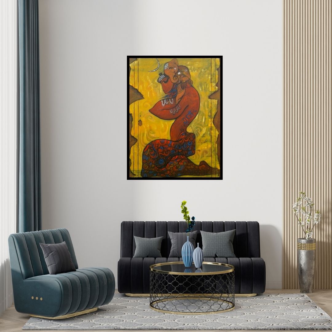 Preview of 'Ganesha (Divine Embrace)' Painting by Ramesh Gujar shown on a wall in a furnished room.