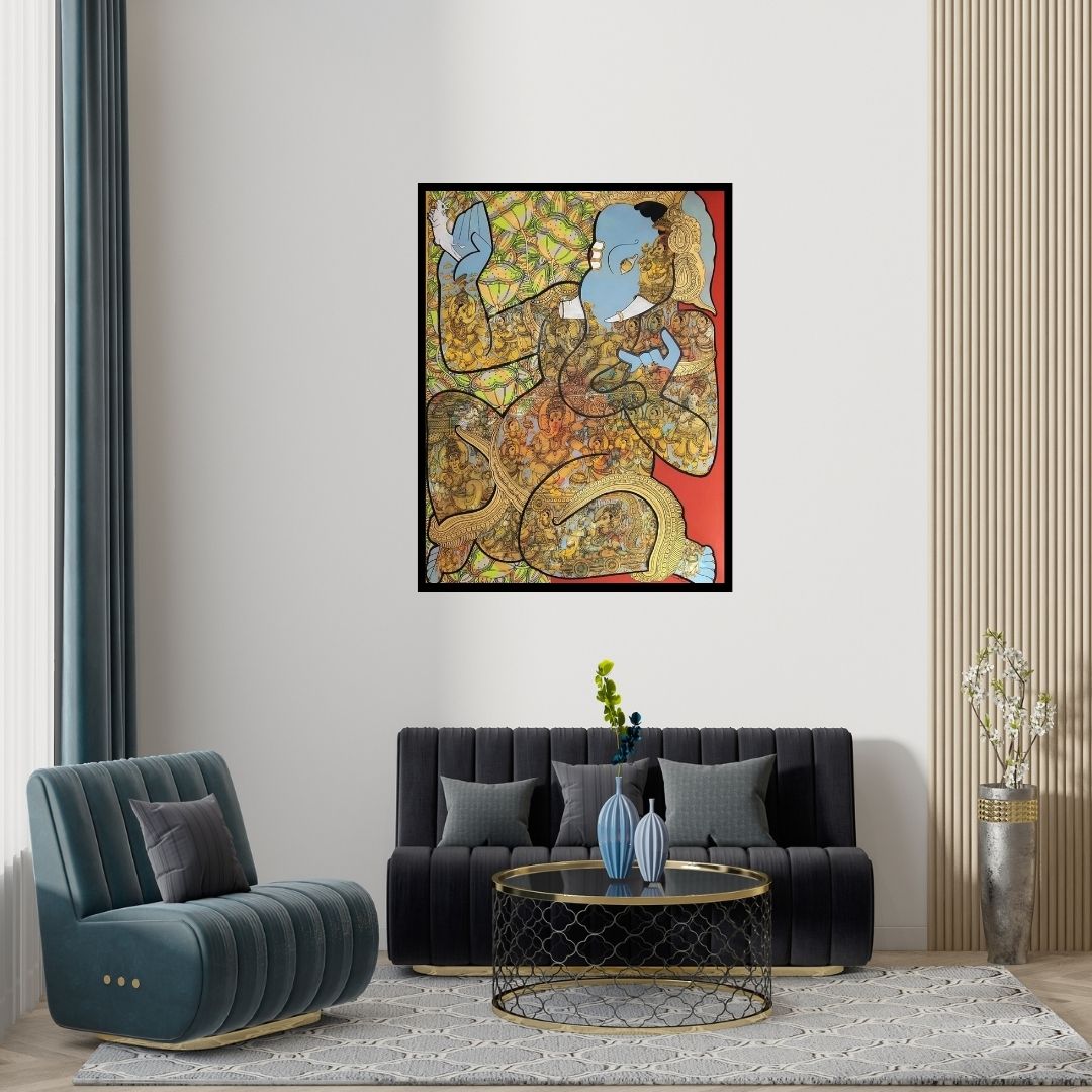 Preview of 'Ganesha 4 (Ganesha, the Remover of Obstacles)' Painting by Ramesh Gorjala shown on a wall in a furnished room.