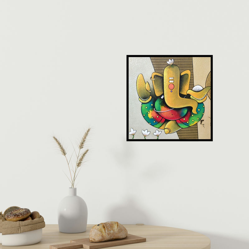 In-situ view of Paras Parmar's 'Ganesha 5 (Playful Ganesha)' painting in a room