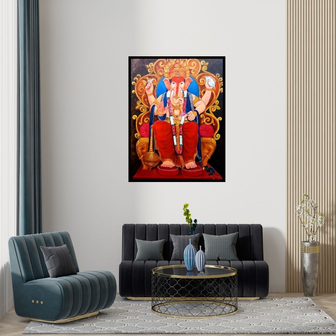 Preview of 'Ganesha (Ganesha)' Painting by Arjun Das shown on a wall in a furnished room.