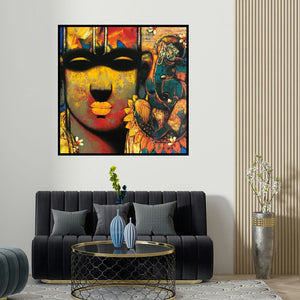 Sujata Achrekar's 'Ganesha (Divine Harmony)' painting visualized above a sofa in a contemporary room.
