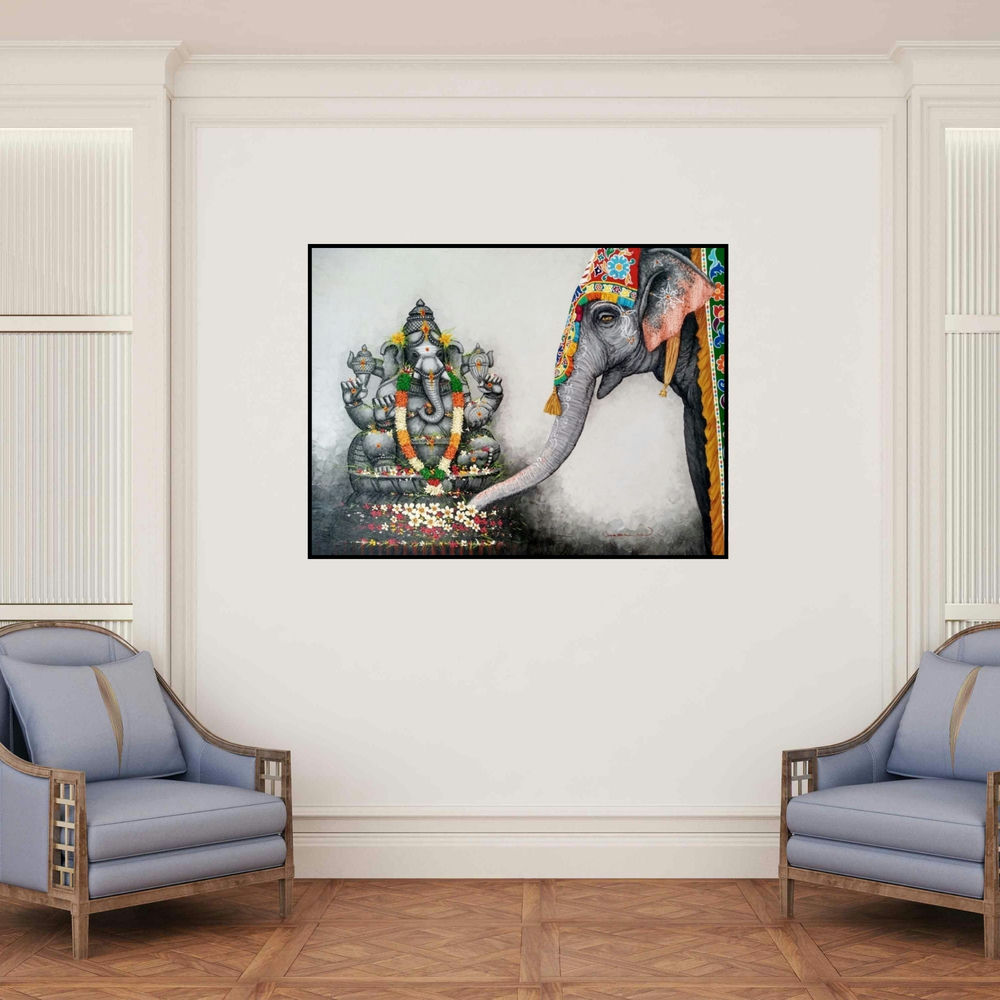 'Ganesha (Elephant and Ganesha)' painting by Siva Balan shown on a wall in a furnished room.