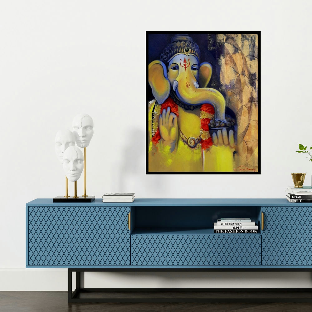 'Ganesha (Cosmic Dance)' painting by Solomon R shown on a wall in a furnished room.