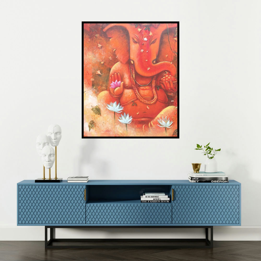 Subrata Das's 'Ganesha (Ganesha and the Lotus)' painting visualized above a sofa in a contemporary room.