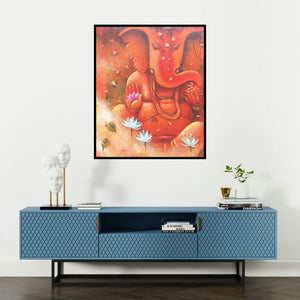 Subrata Das's 'Ganesha (Ganesha and the Lotus)' painting visualized above a sofa in a contemporary room.