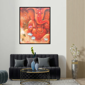 'Ganesha (Ganesha and the Lotus)' painting by Subrata Das shown on a wall in a furnished room.