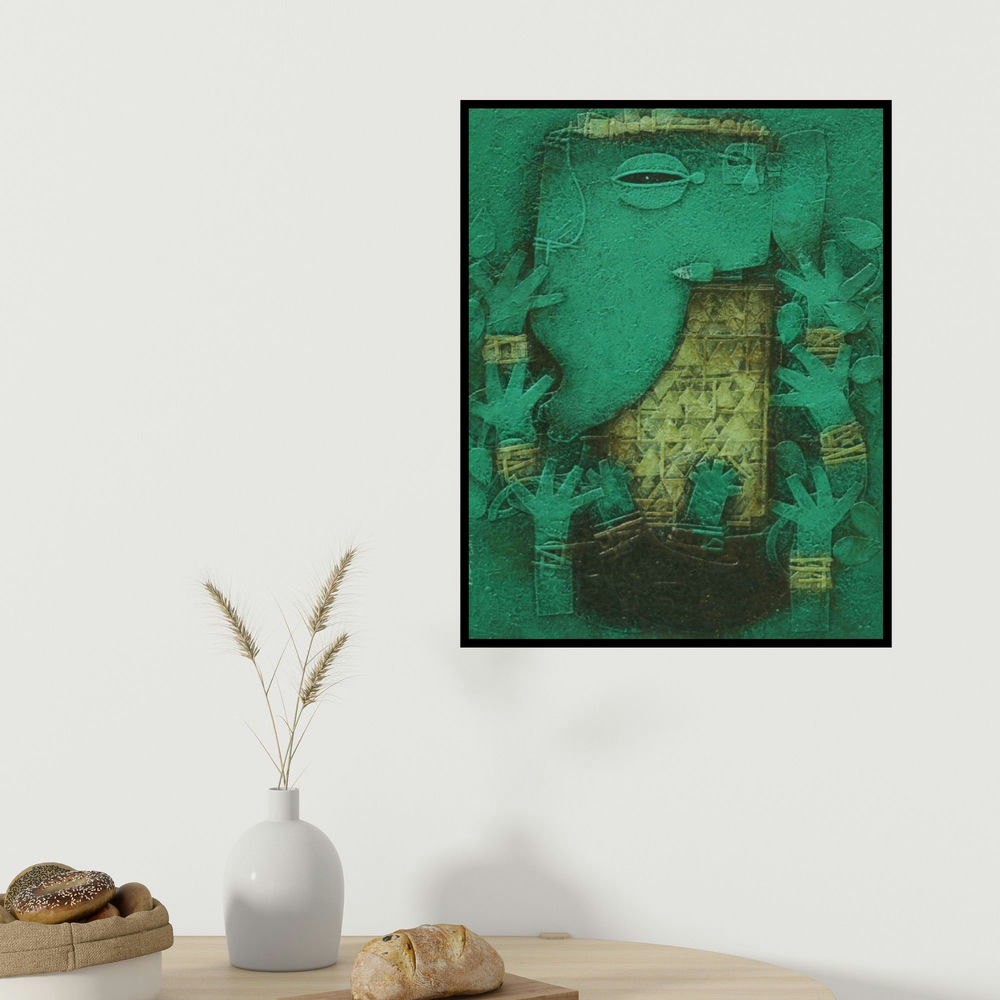 Basuki Dasgupta's 'Ganesha (Nature's Guardian)' painting visualized above a sofa in a contemporary room.