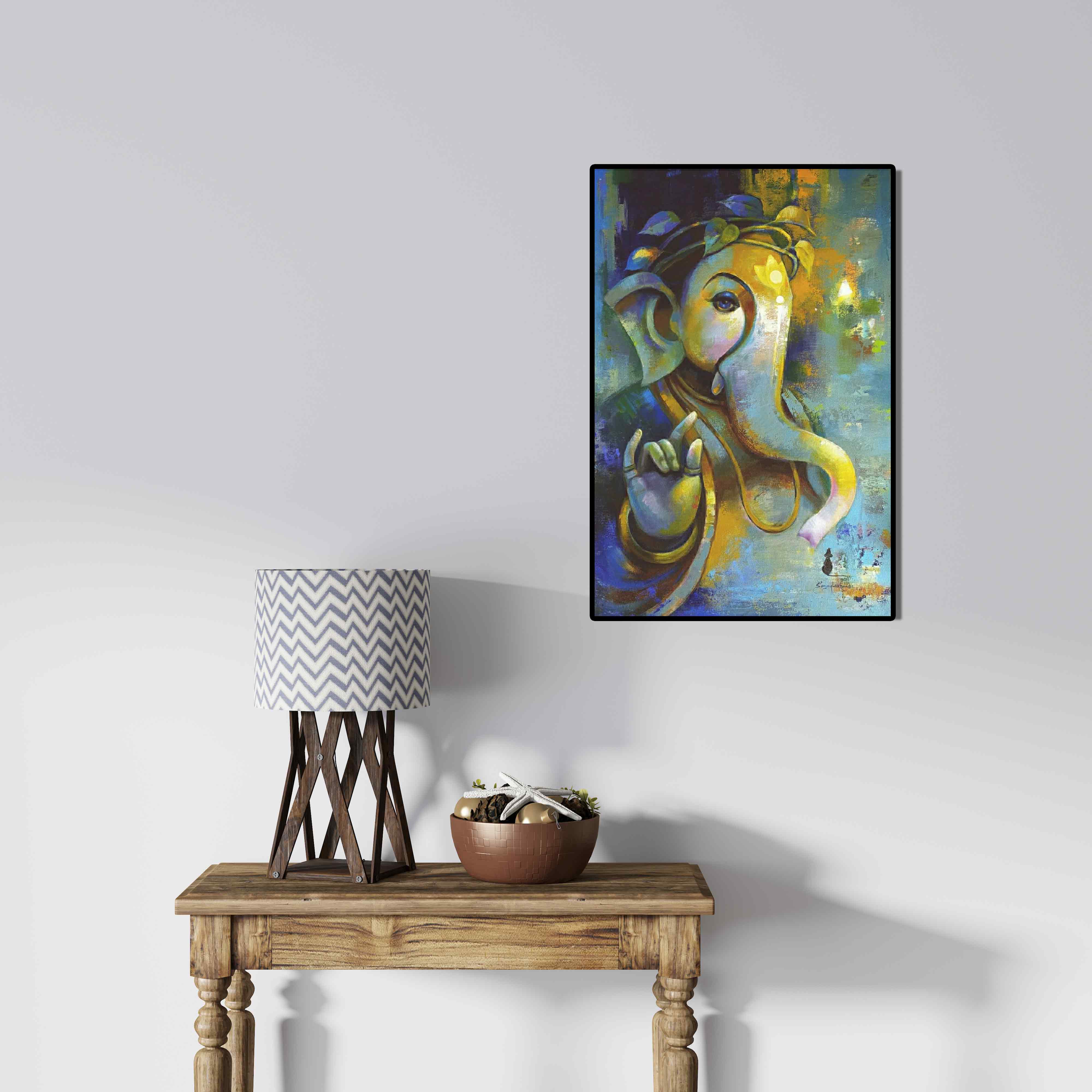 In-situ view of Sanjay Lokhande's 'Ganesha (Ganesh in Blue)' painting in a room