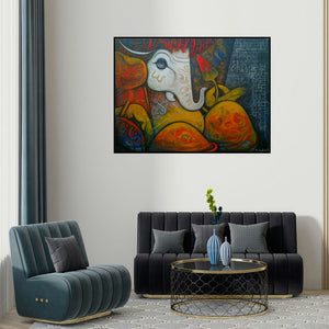 Ramesh Gujar's 'Ganesha (Divine Script)' painting visualized above a sofa in a contemporary room.