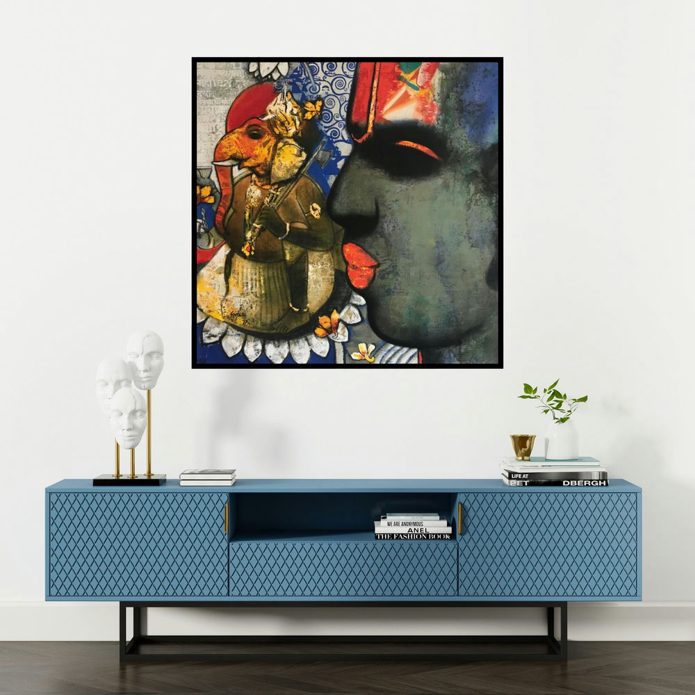 'Ganesha (Divine Contemplation)' painting by Sujata Achrekar shown on a wall in a furnished room.