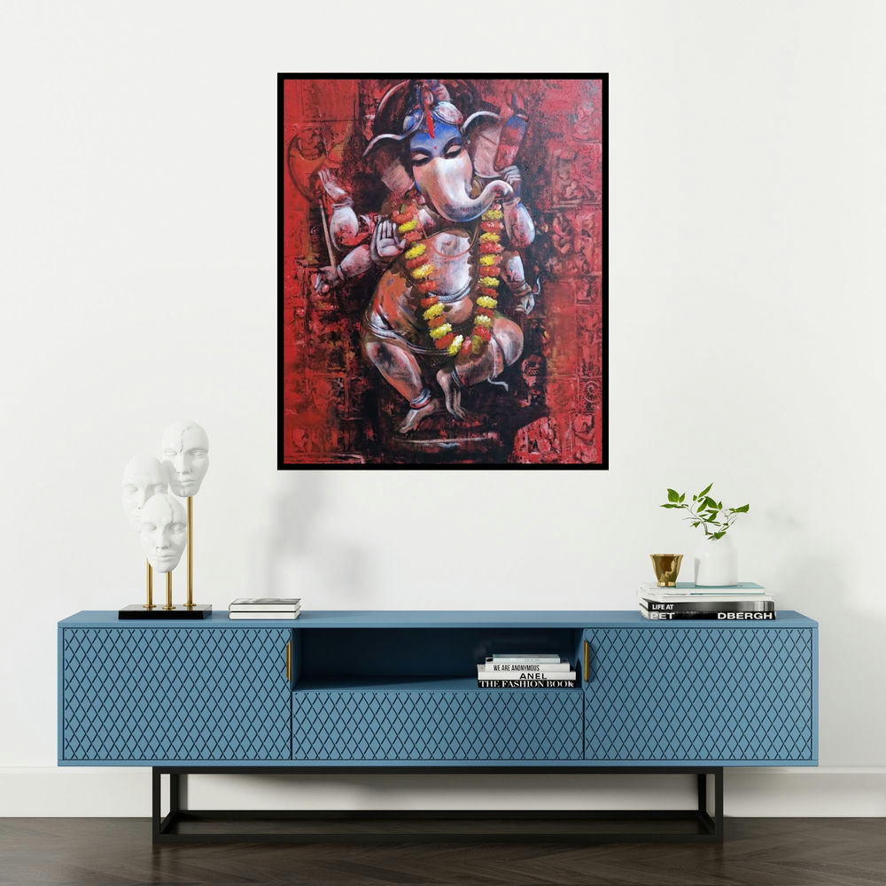 Jiban Biswas's 'Ganesha (The Dancing Ganesha)' painting visualized above a sofa in a contemporary room.