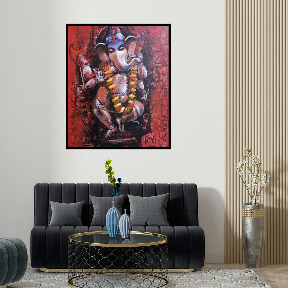 'Ganesha (The Dancing Ganesha)' painting by Jiban Biswas shown on a wall in a furnished room.