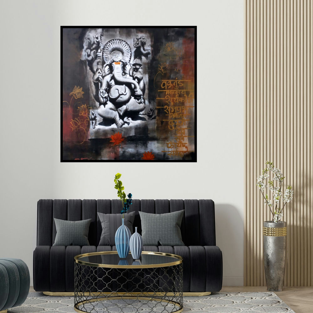 Atul Gendle's 'Ganesha (Ganesha in Monochrome) (Ganesha Monochrome Majesty)' painting visualized above a sofa in a contemporary room.