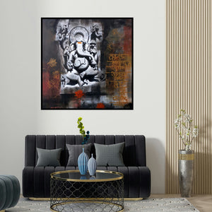 Atul Gendle's 'Ganesha (Ganesha in Monochrome) (Ganesha Monochrome Majesty)' painting visualized above a sofa in a contemporary room.